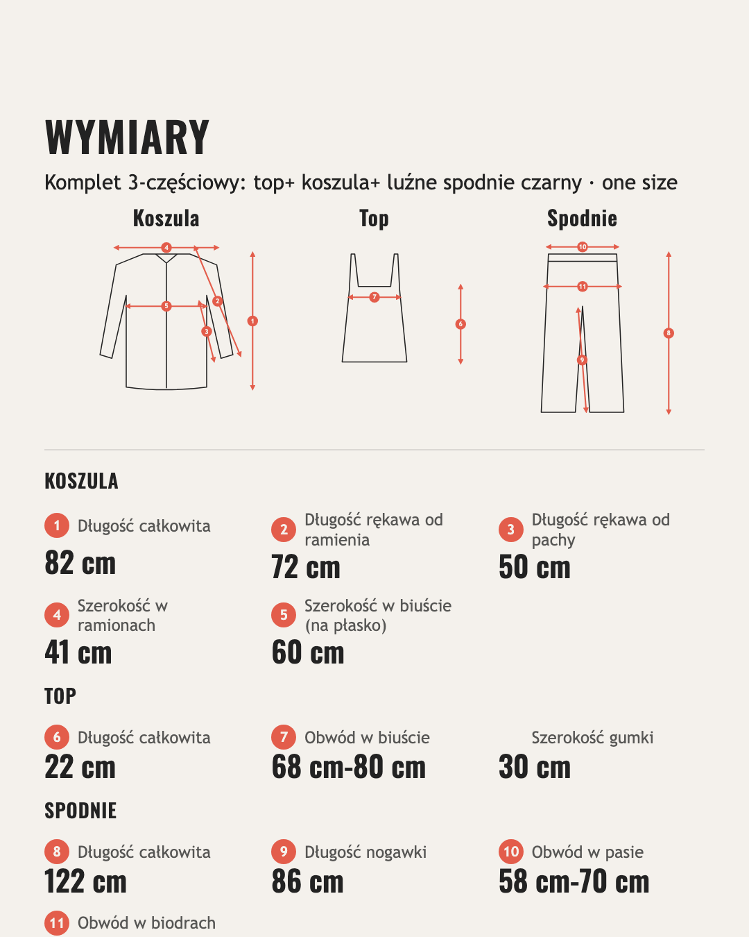 Wymiary: Komplet 3-częściowy: top+ koszula+ luźne spodnie czarny