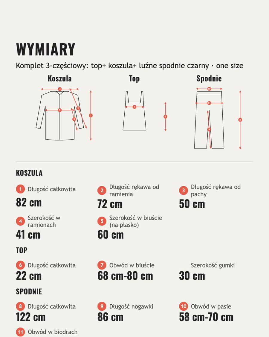 Wymiary: Komplet 3-częściowy: top+ koszula+ luźne spodnie czarny