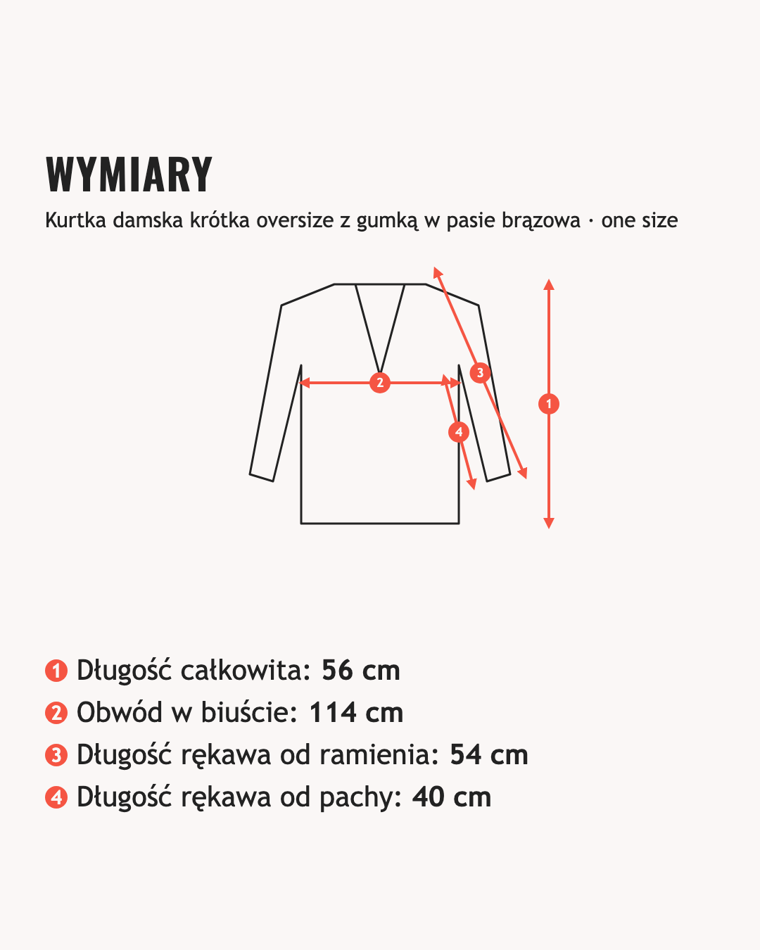 Wymiary: Kurtka damska krótka oversize z gumką w pasie brązowa