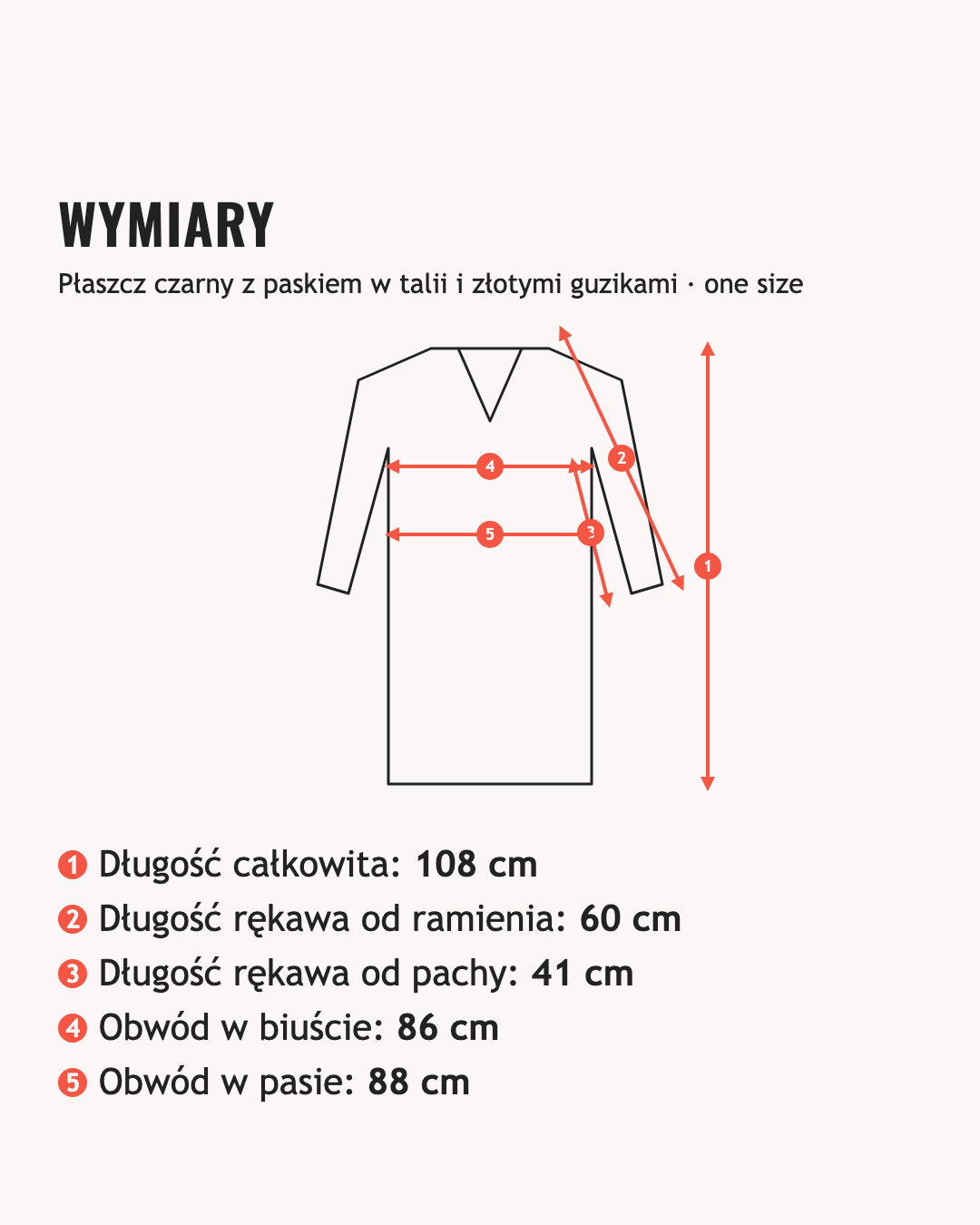Wymiary: Płaszcz czarny z paskiem w talii i złotymi guzikami